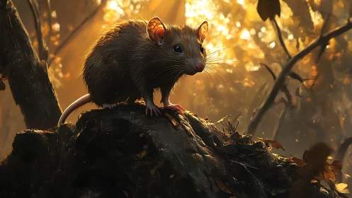 Curious forest mouse pauses on a mossy log at golden dusk