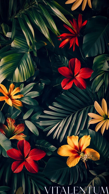 Tropical flowers with green palm foliage on dark background