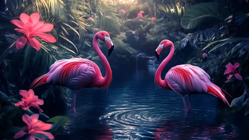 Two pink flamingos standing in dense tropical riverside habitat.