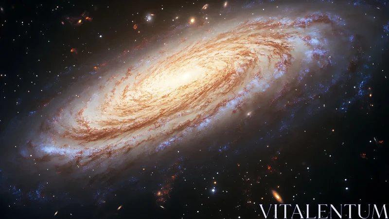 Spiral galaxy glows with luminous core and star clouds.