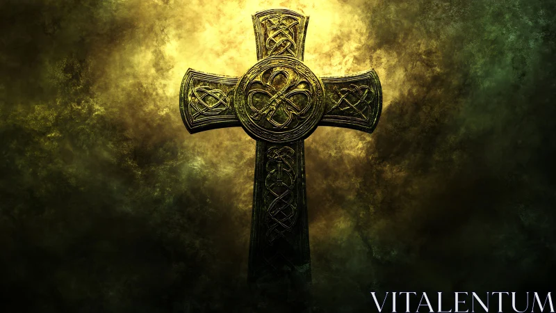 Illuminated Celtic cross with ornate knotwork on smoky backdrop