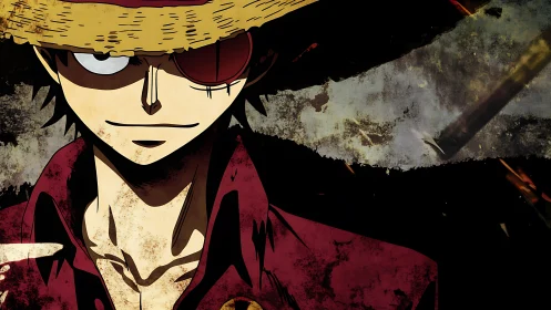 Straw hat pirate portrait against distressed grunge backdrop.