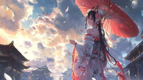 Parasol girl beneath stormy petals and lantern skies.