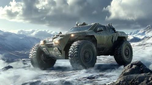 Futuristic armored off road vehicle in icy mountain terrain.