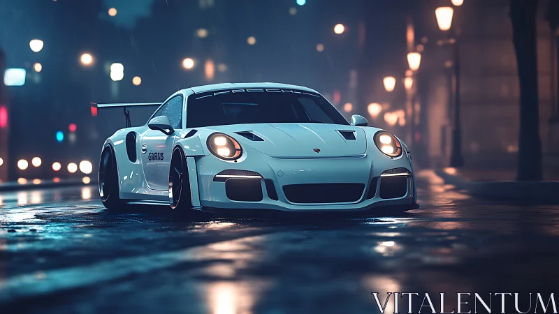 White race car prowls a rainy neon city street at night