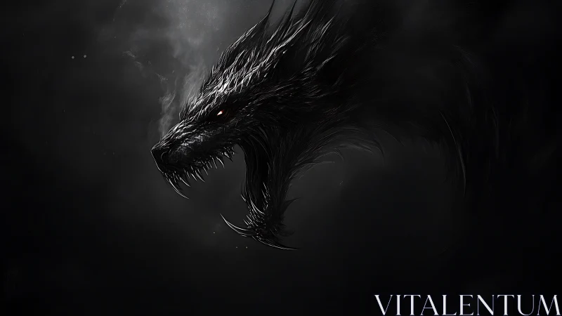 Shadow dragon head emerges from void in stark profile