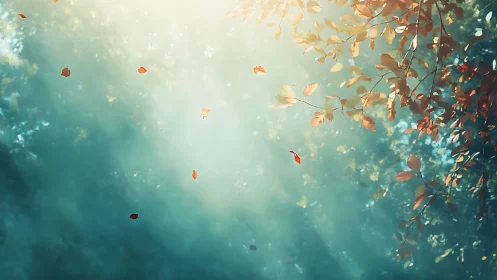 Soft sunlight through autumn leaves in quiet forest scene.