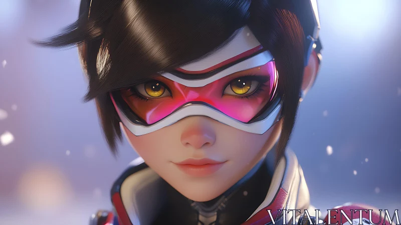 Close frontal view of stylized female character portrait.