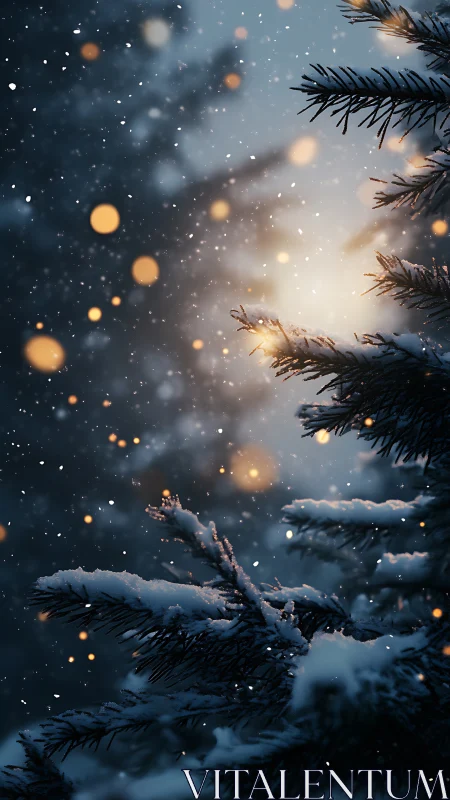 Snowy evergreen branches glow in soft winter lights.