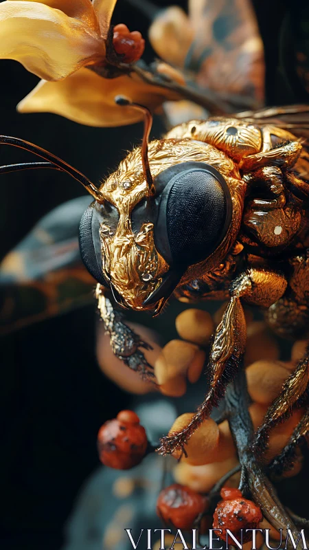 Macro study of metallic insect sculpture on branch.