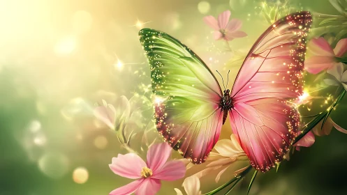 Bioluminescent butterfly with bokeh glow in pastel garden.