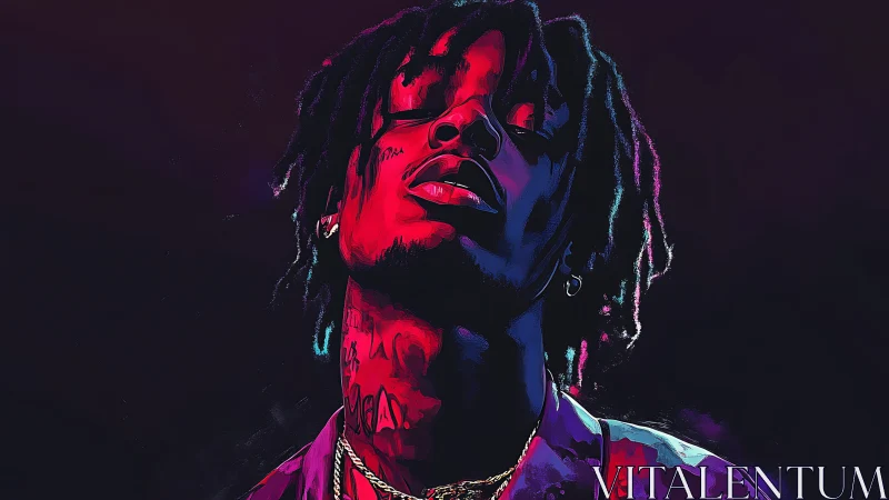 Neon-lit portrait captures moody confidence in vivid color.