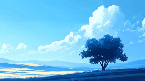 Solitary tree stands beneath vast luminous summer sky