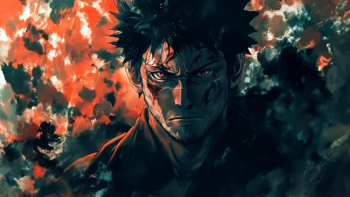 Battle-scarred warrior glows amid storm-torn ember clouds.