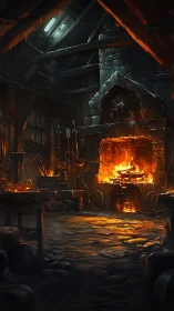 Blacksmith forge with active furnace and work space