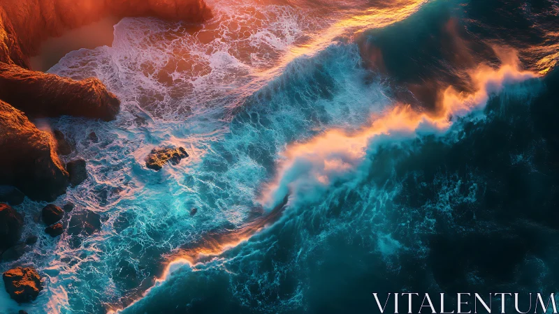 Sunlit surf ignites against cobalt cliffs at magic hour.