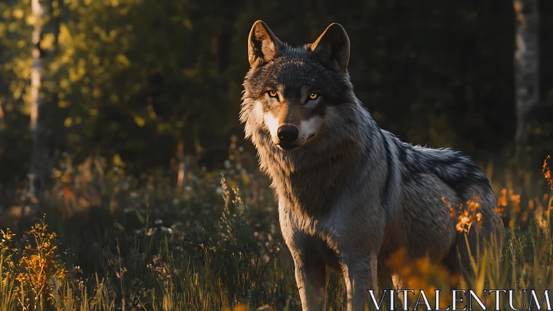 Lone gray wolf stands alert amid sunlit forest meadow.