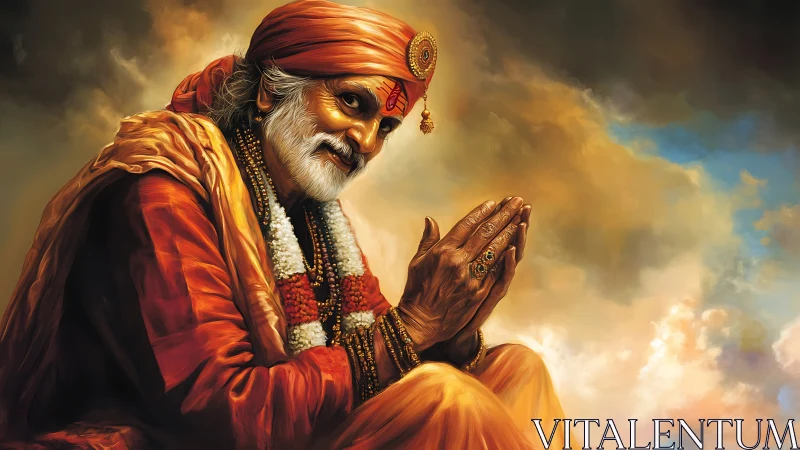 Elderly guru in orange robes with folded hands, calm pose.