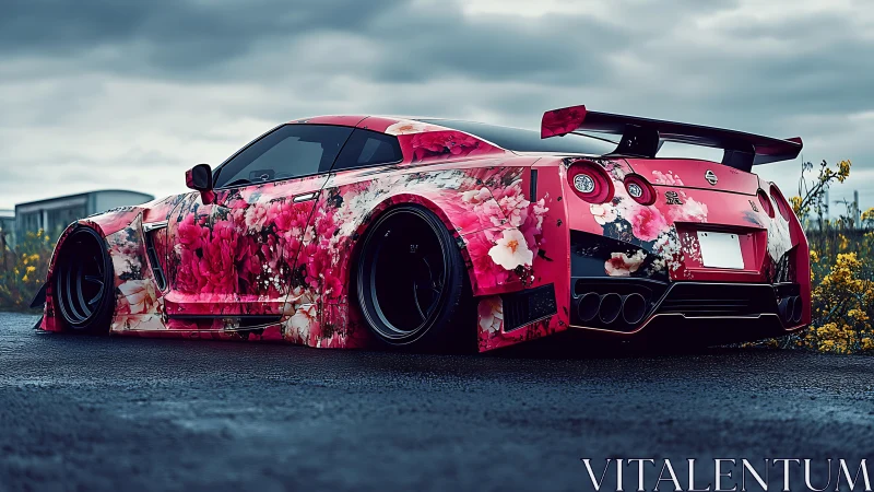 Modified sports coupe displays floral wrap on wet asphalt