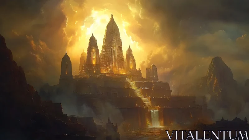 Sunlit fantasy citadel rises above storm-dark mountains.