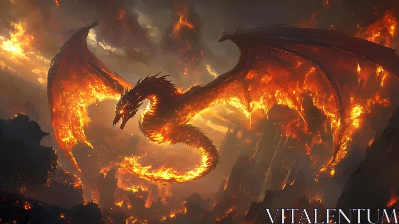 Volcanic-winged draconic entity over collapsing magma citadel.