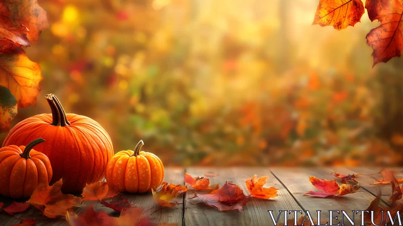 Pumpkin trio basking in honeyed autumn woodland glow.