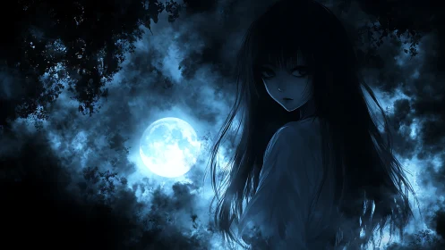Eerie long-haired girl stands under bright blue full moon