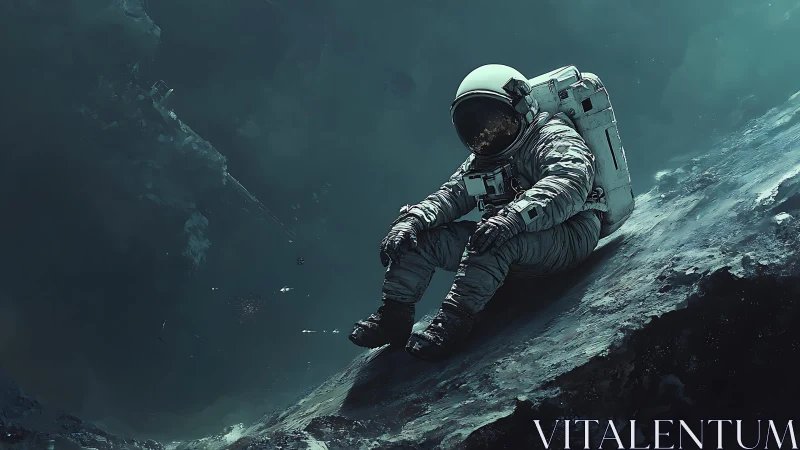 Solitary astronaut sits on sloped extraterrestrial surface