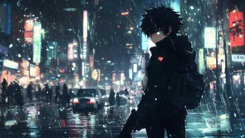 Lone anime vigilante walks through neon city rain at night.