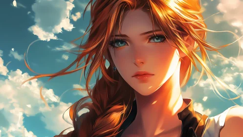 Sunlit redhead portrait under luminous summer sky.