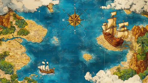 Stylized nautical map with sailing ships and coastal islands.
