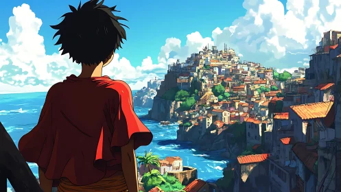 Backlit traveler surveying sunlit coastal cliff cityscape