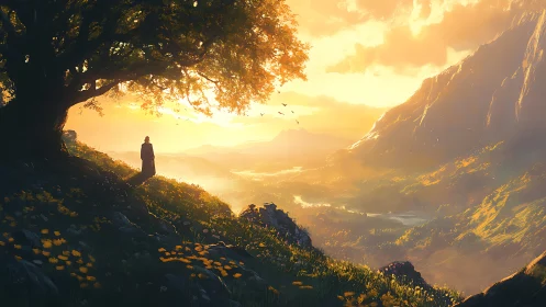 Solitary figure overlooks sunlit valley from shaded hillside