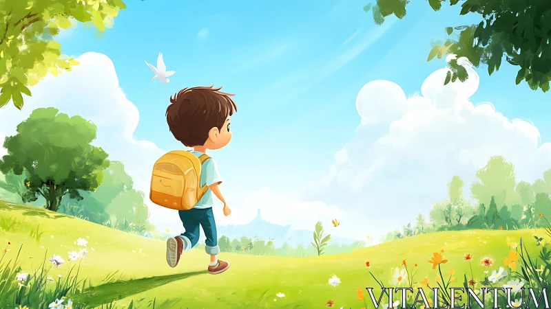 Curious young traveler strolling through a sunny meadow.