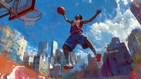 Basketball player jumps toward hoop over colorful city skyline