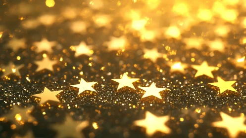 Golden star confetti scattered over glowing bokeh field.