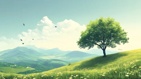 Solitary tree stands on grassy hillside before distant ranges