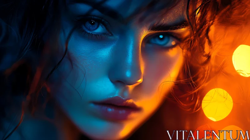 Close portrait uses dual blue and orange lighting on face