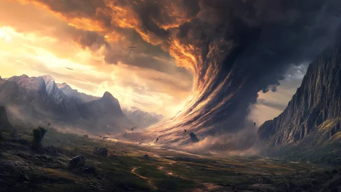 Storms of fire twist through mountains in apocalyptic dusk.