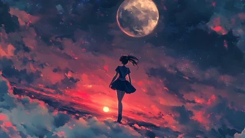 Anime night sky composition with silhouetted girl and moonscape.