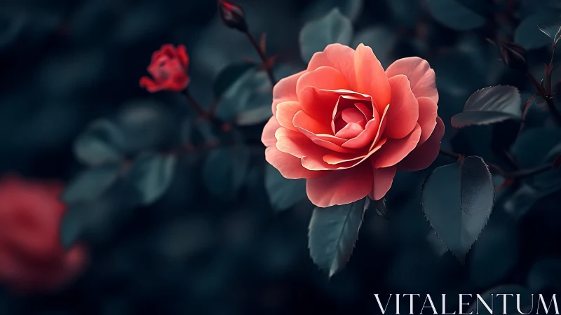 Macro rose study with cinematic bokeh and cool-tone foliage.