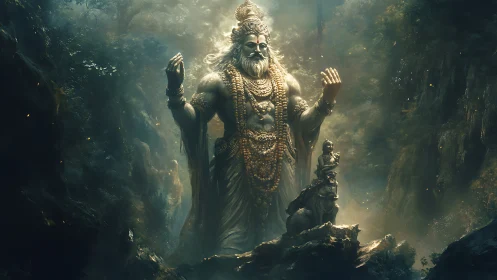 Colossal deity-like statue stands in misted forest gorge