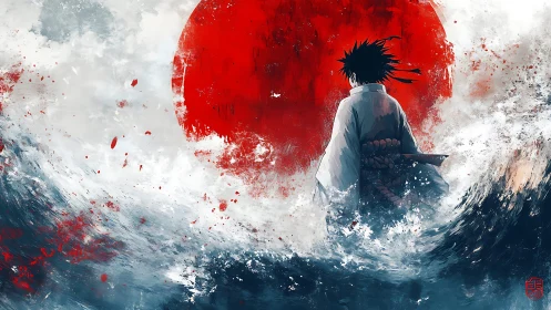 Samurai silhouette amid turbulent sea and rising red sun.