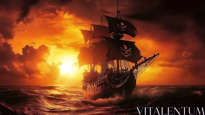 Crimson sunset voyage with a bold black-sailed pirate ship.