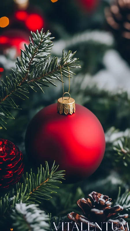 Red ornament hangs among fir branches and pinecones