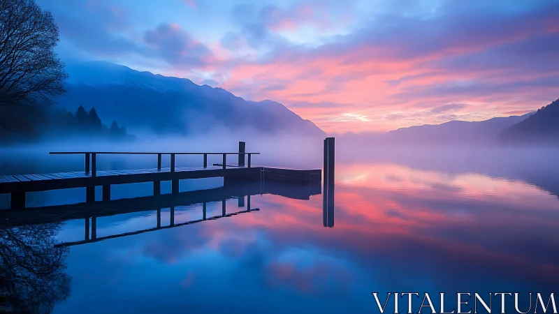 Peaceful lakeside pier under a soft pink and blue sunrise.