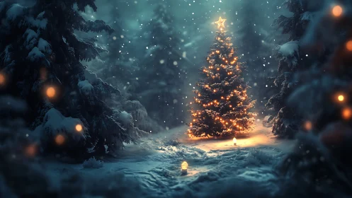 Golden Christmas tree glowing softly in a snowy forest.