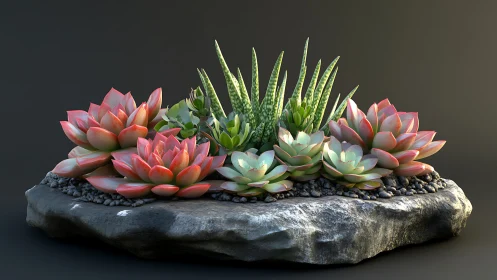 Succulent rock garden rendered in dramatic studio light.