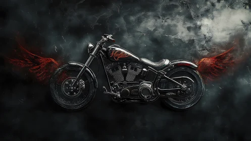 Custom black cruiser motorcycle with fiery ethereal wings profile