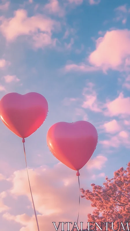 Pink Heart-Shaped Balloons Float Against Dreamy Sky.